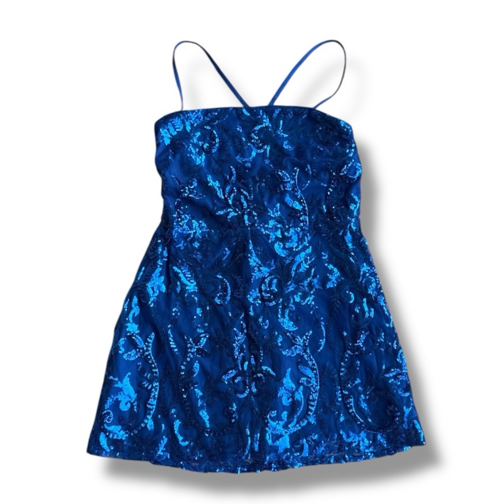 Lulus Divine Energy Royal Blue Sequin Lace-Up A-Line Mini Dress Size XL - Picture 4 of 14